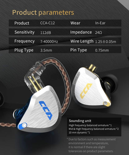 C12 in Ear Monitor Headphones 5BA 1DD Hybrid Hifi Gaming IEM Earphones Noise Isolating Stereo Wired Earbuds for Musicians Audiophile Singers Dj（With Mic）