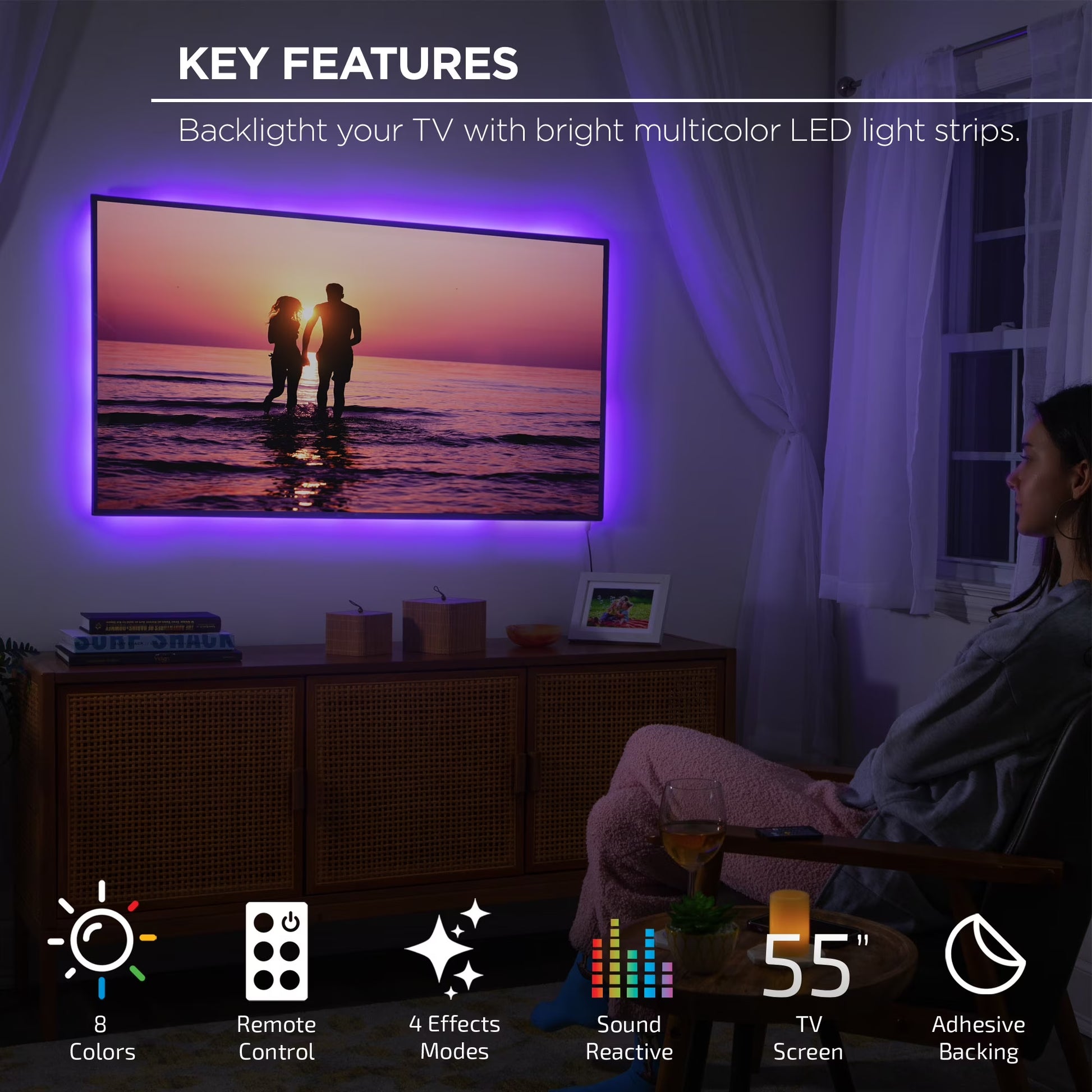 Sound Reactive TV Backlight RGB Lighting Dimmable Remote Control Corded Electric